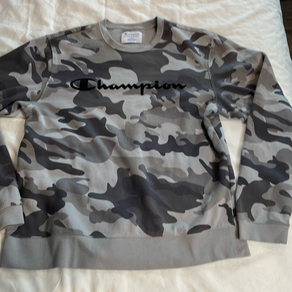 Champion Mens Spellout Grey Camo CrewNeck Size Large